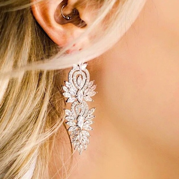 Anthropologie Silver Cubic Zirconia Wedding Earrings, Bridal, Dangle,Anniversary - Picture 5 of 11